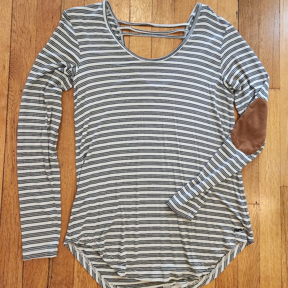 X-Small Kavu Striped Long Sleeve Top Elbow Patch Details Long Black and White